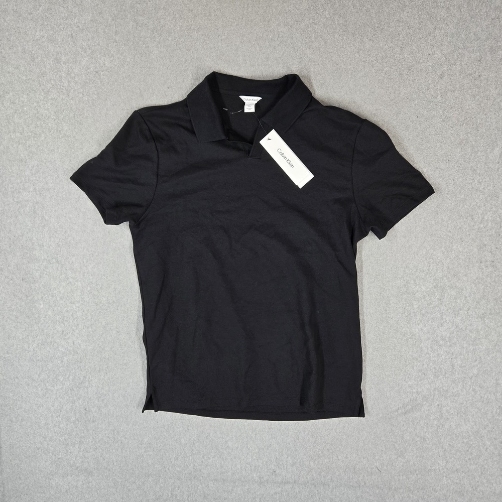 Calvin Klein Men Polo MEDIUM Black Button Logo Short Sleeve Stretch NWT